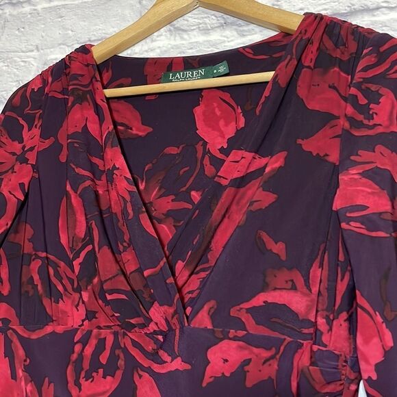 Lauren Ralph Lauren 3/4 Sleeve Floral V Neck Midi Dress Size 8 - Picture 5 of 11